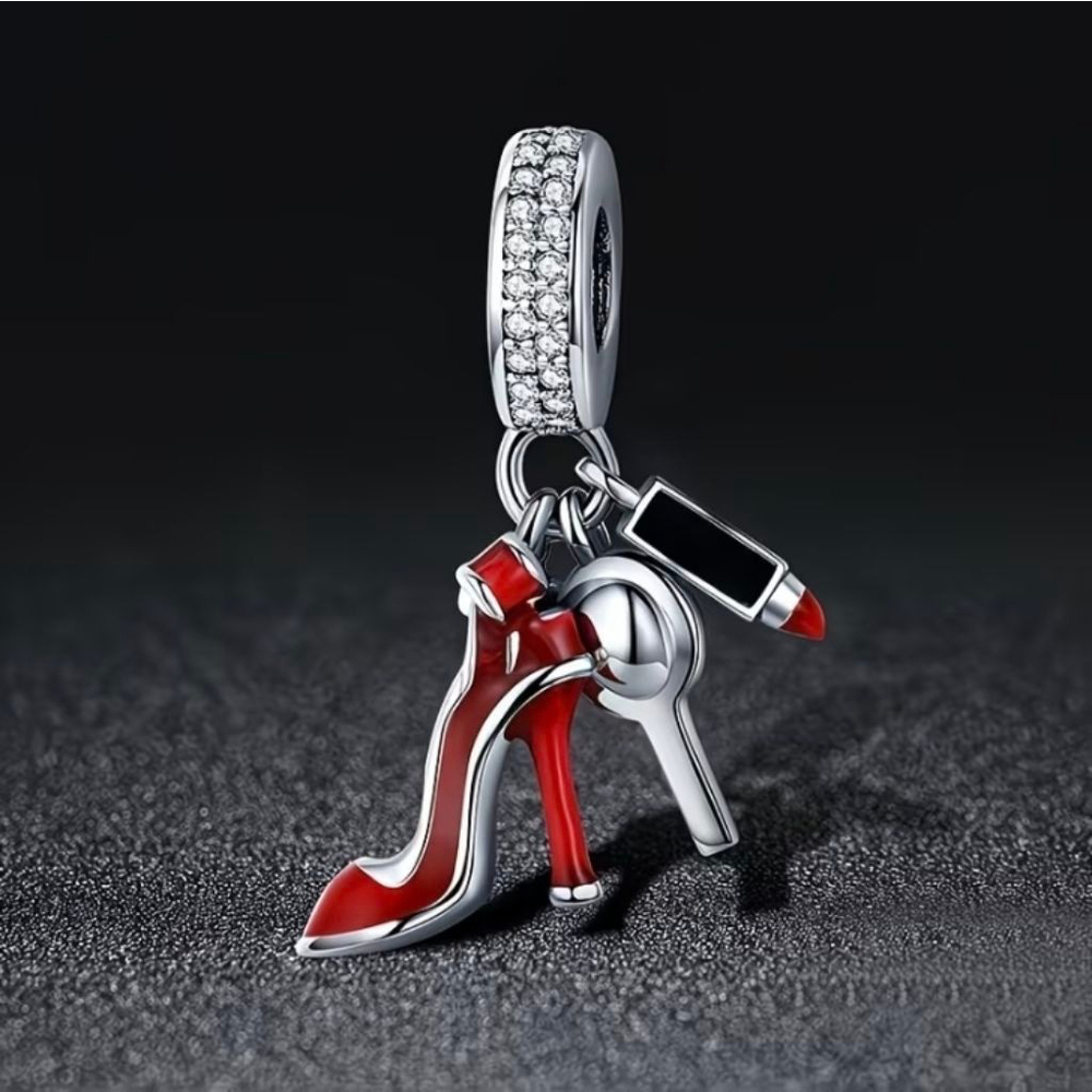 Women's Silver & Red High Heel & Lipstick Charm Bracelet